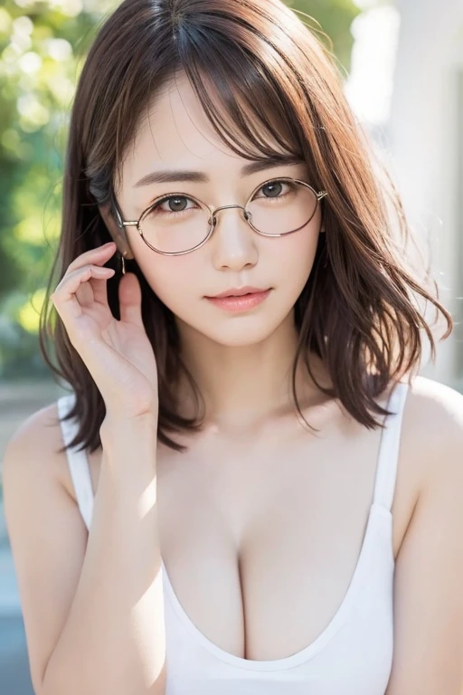 Highest quality、masterpiece、High sensitivity、High resolution、Detailed Description、Slender women、Glasses、Summer clothes、Portrait、