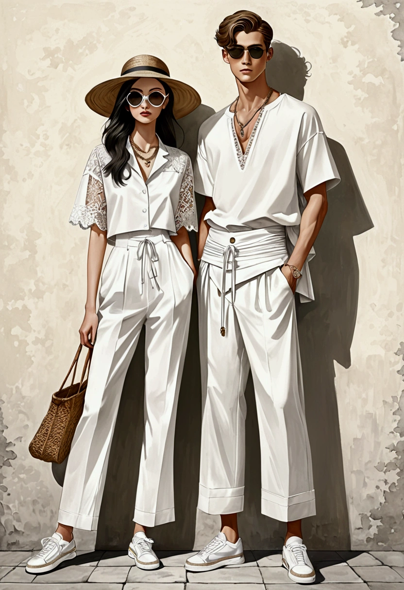 candid fashion illustration of young man and woman, both aged 20 year old, ((showcase fashion in a White cotton outfits)), inspired by Christian Dior's resort collection 2020 in elegant bohemian style. The man wears an oversized short-sleeved white shirt, lace details, paired with relaxed-fit white Drawstring Pants, He completes his look with sneakers, wooden-framed sunglasses, and a woven bamboo bag. The woman complements him in a white cotton outfit with lace details, Her ensemble includes an accessorizes with a wide-brimmed straw hat, white sneakers and necklace. Captured in a ((full-body pose)), ((wall background)), realistic charcoal lines, imperfect drawing, charcoal lines, fading sketch, fashion Sketching,