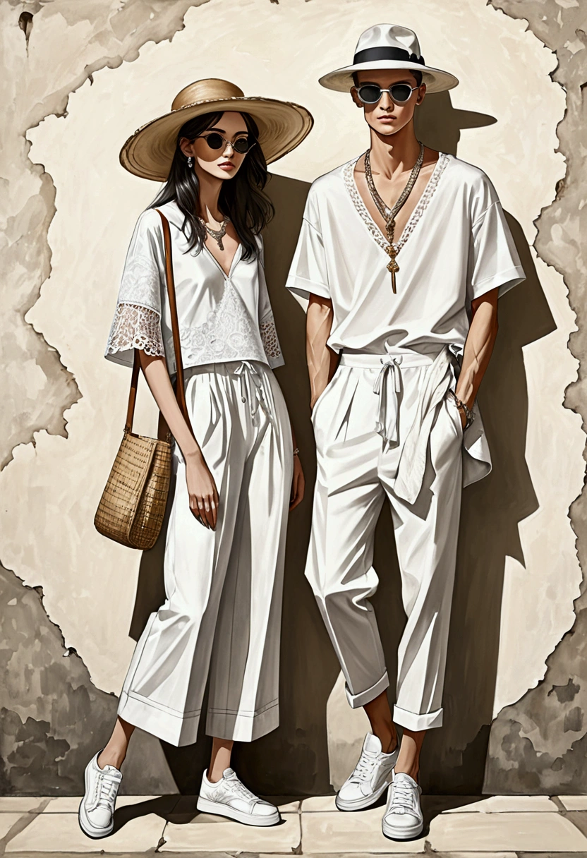 candid fashion illustration of young man and woman, both aged 20 year old, ((showcase fashion in a White cotton outfits)), inspired by Christian Dior's resort collection 2020 in elegant bohemian style. The man wears an oversized short-sleeved white shirt, lace details, paired with relaxed-fit white Drawstring Pants, He completes his look with sneakers, wooden-framed sunglasses, and a woven bamboo bag. The woman complements him in a white cotton outfit with lace details, Her ensemble includes an accessorizes with a wide-brimmed straw hat, white sneakers and necklace. Captured in a ((full-body pose)), ((wall background)), realistic charcoal lines, imperfect drawing, charcoal lines, fading sketch, fashion Sketching,