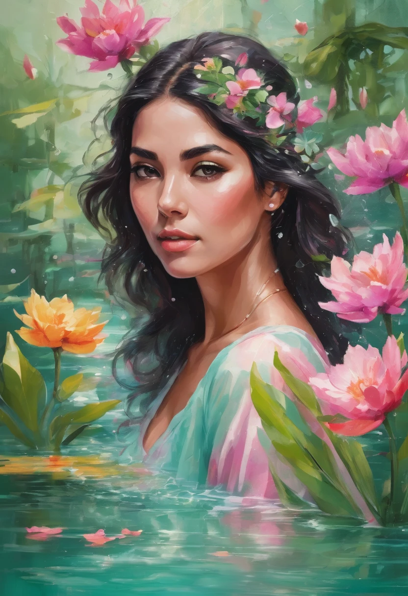 Detailed description of the visual element，The color palette is a mix of soft pastels and vibrant spring colors like green.，pink color，This combination evokes blooming flowers and fresh foliage.，Perfect for spring theme，High-quality images integrated into salon interiors，Peaceful environment，Mexican woman standing on the water，Water splashes on the floor of the girl，Some stones have flowers on them，exudes fragrance，Includes before and after photos of customers who received spring makeovers，To highlight the salon&#39;s services，Use elegant script fonts for titles to convey elegance，And use a modern sans serif font for body text，To ensure readability and modernity， Black Curly Hair，Wearing a bright red salwar suit，focus，Close Range，Watch，Close your eyes，Surround her with spring graphics，For example, flowers and butterflies，Symbolizes the changing seasons and the essence, wearing lingerie