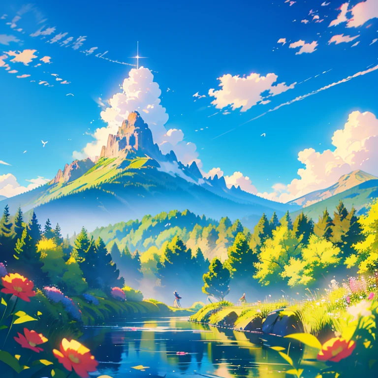 TMND-Mix_II, river, mermaid siluet, mountain, dreamy, detailed scenery, flowers and tress, wind, butterflies🦋, happy atmosphere, from afar, colourful flowers, clouds, lively