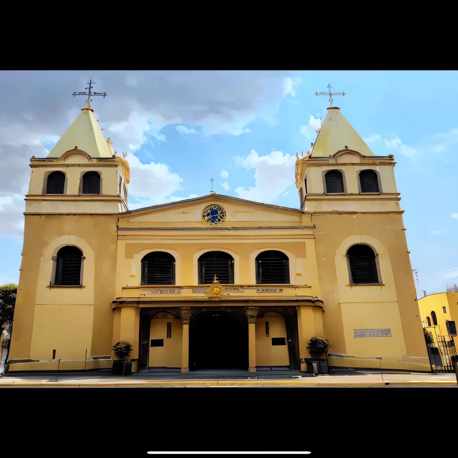 yellow church with two towers and a clock in front, from front view, church cathedral, from front view, cathedral, outside view, frontal image, seen from outside, freddy mamani wild facade, from front view, by Amélia Peláez, historical image, by Samuel Silva, powder Nándor Katona, from front view, front side