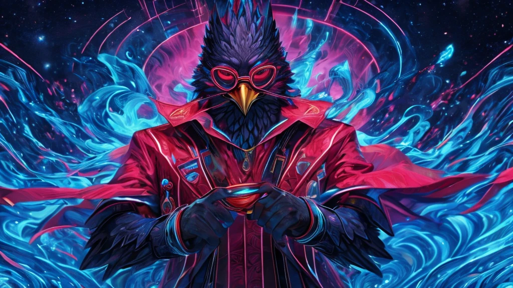 masterpiece,epic,corvid, smiling in a sadistic and disturbing way, priest's suit with red stripes, red vest under the trench coat, round red glasses, background of vapor waves,the universe in hands.