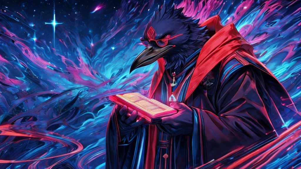 masterpiece,epic,corvid, smiling in a sadistic and disturbing way, priest's suit with red stripes, red vest under the trench coat, round red glasses, background of vapor waves,the universe in hands.