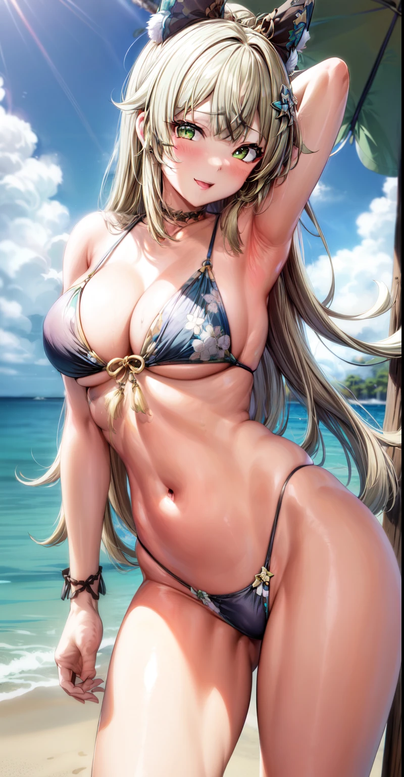 anime, Beautiful Face, Highly detailed face, (Highly detailed green eyes:1.2) , Highly detailed beach background, Best lighting, No Shadow, One girl, alone, Outdoor, Genshin Impact, Kirara, bangs, Beautiful long blonde hair, hair ornaments, Cat ear, Absurd, High resolution, Super sharp, 8k, masterpiece, View your viewers, blush, (Teasing Smile:1.2), break (Detailed sexy beach bikini:1.4), (Sexy pose:1.2), (Place your hands behind your head:1.35)、Nipples are visible、With legs apart、naked、
