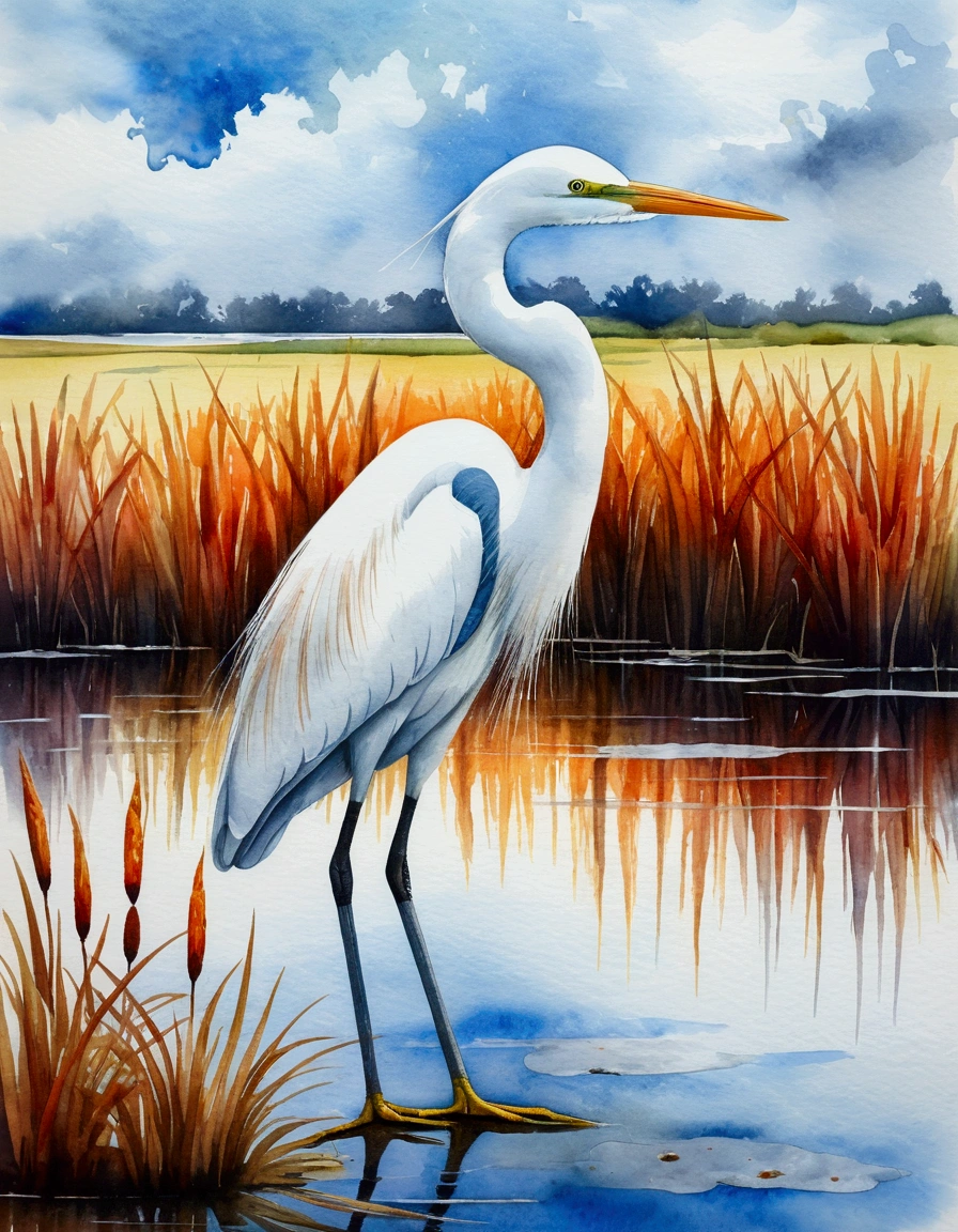 (best quality,watercolor effect:1.2),A egret,colorful watercolor painting of a egret standing on a withered meadow with a blue and cloudy sky as a background,egret, reeds, aquatic plants, lake water