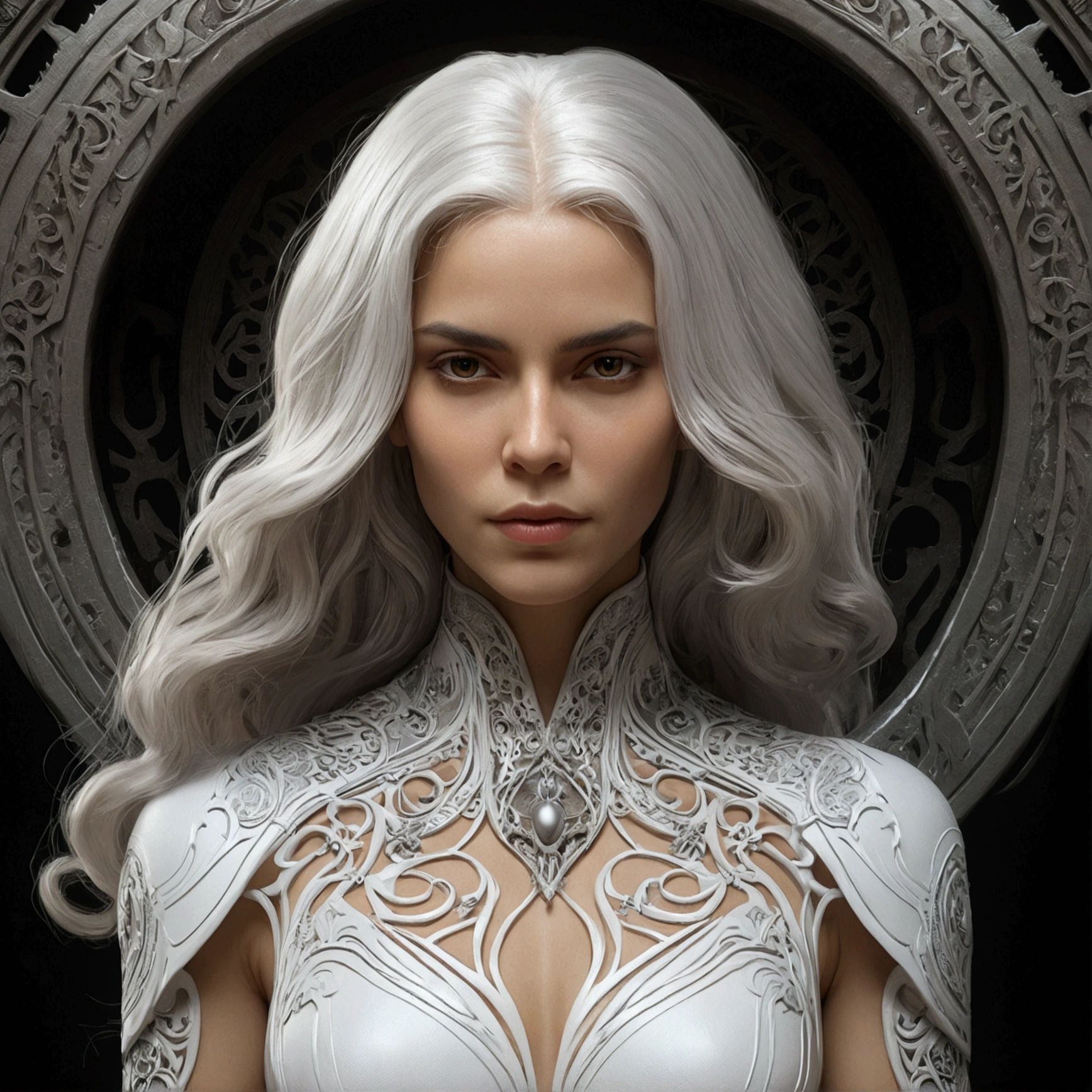 poRtRait, Beautiful woman, wHite HaiR, oRnate dRess, (long HaiR in waves like smoke):0.85 , confident expRession, detailed, 16K, san francisco, intRicate aRtwoRk masteRpiece, inauspicious, matte painting movie posteR, golden Ratio, tRending on cgsociety, intRicate, epic, tRending on aRtstation, By Artgerm, H. R. Giger and Beksinski, HigHly detailed, vibRant, pRoduction cinematic cHaRacteR RendeR, ultRa HigH quality model:1