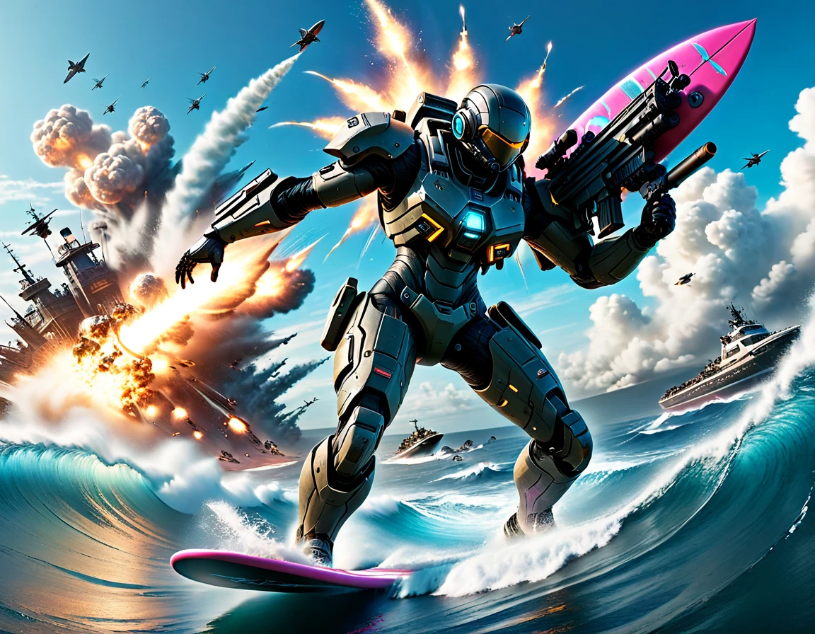 8k resolution, Highest quality, masterpiece、cyber punk、combat suit、Surfing Machine、(Ride a modified bouncy surfboard)、Jet Propulsion Board、Ocean、(Ship Explosion)、Water Explosion、(Hold a firearm、Machine gun、launcher)、