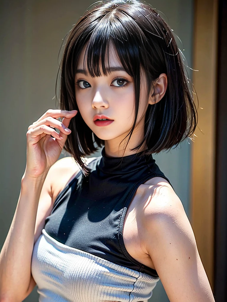 Masterpiece,best quality,solo, one beautiful Japanese girl,10 years old,(Young body,Infantile body,flat chest, innocent face, innocent expression:1.5),(black eyes,large eyes, half-open eyes, eyelids half-closed, glazed over, slanting eyes,sleepy eyes:1.5),(black soft hair,bob cut,straight bangs:1.5),