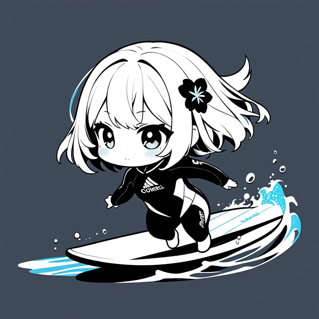 ultra-small deformation, Chibi Cute, 1girl, solo, full body, professional surfer, wet suit, surfing on top of her surfboard in tube of wave, High contrast and vivid color, simple background