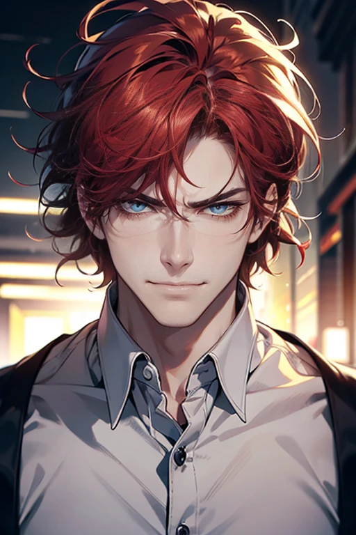 (tmasterpiece, high resolution, ultra - detailed:1.0), (1 male, masculine face), Perfect male body, tall and strong, Adult male, Delicate eyes and delicate face, Extremely detailed CG, Unity 8k wallpaper, Complicated details, Detailed face, (red hair, messy hair, serious faces, white shirts,CEO), (frown, smile in love:1.3), office home, street style, color difference, Depth of field, dramatic shadow, Ray tracing, Best quality, Cinematic lighting, offcial art,Portrait