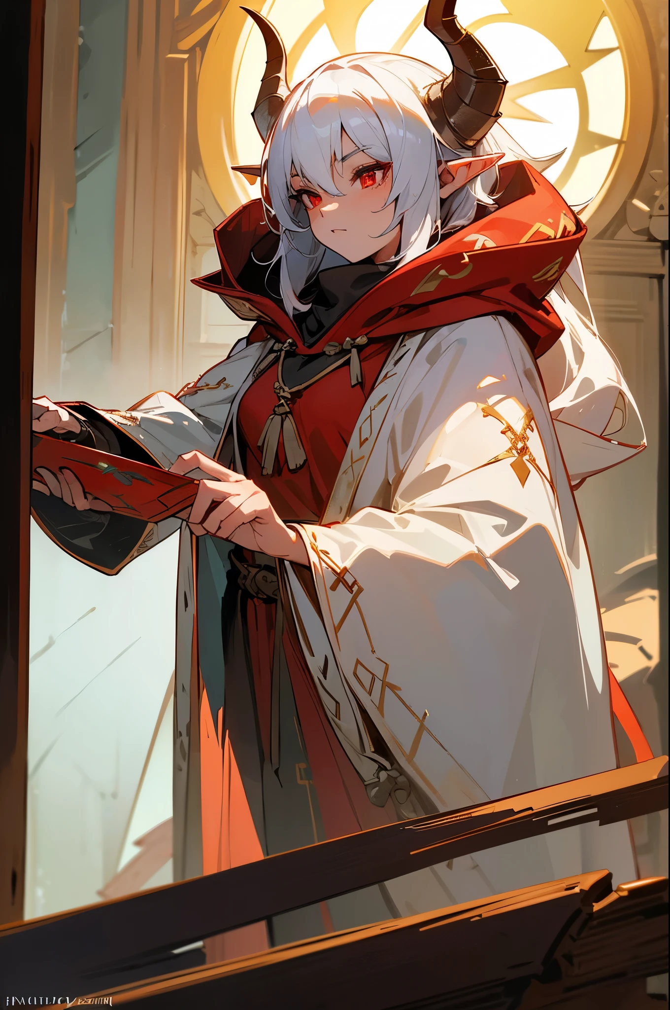 masterpiece, (1man), extremely detailed female character, full body shot, best quality, dnd, dungeons and dragons, (thick, athletic, pointy ears), (white dragonborn, anthro, horns, red eyes, scales skin, damaged), medieval era, fantasy clothes, anime style, (medieval fantasy tribal cloth robe with hood, holy light)