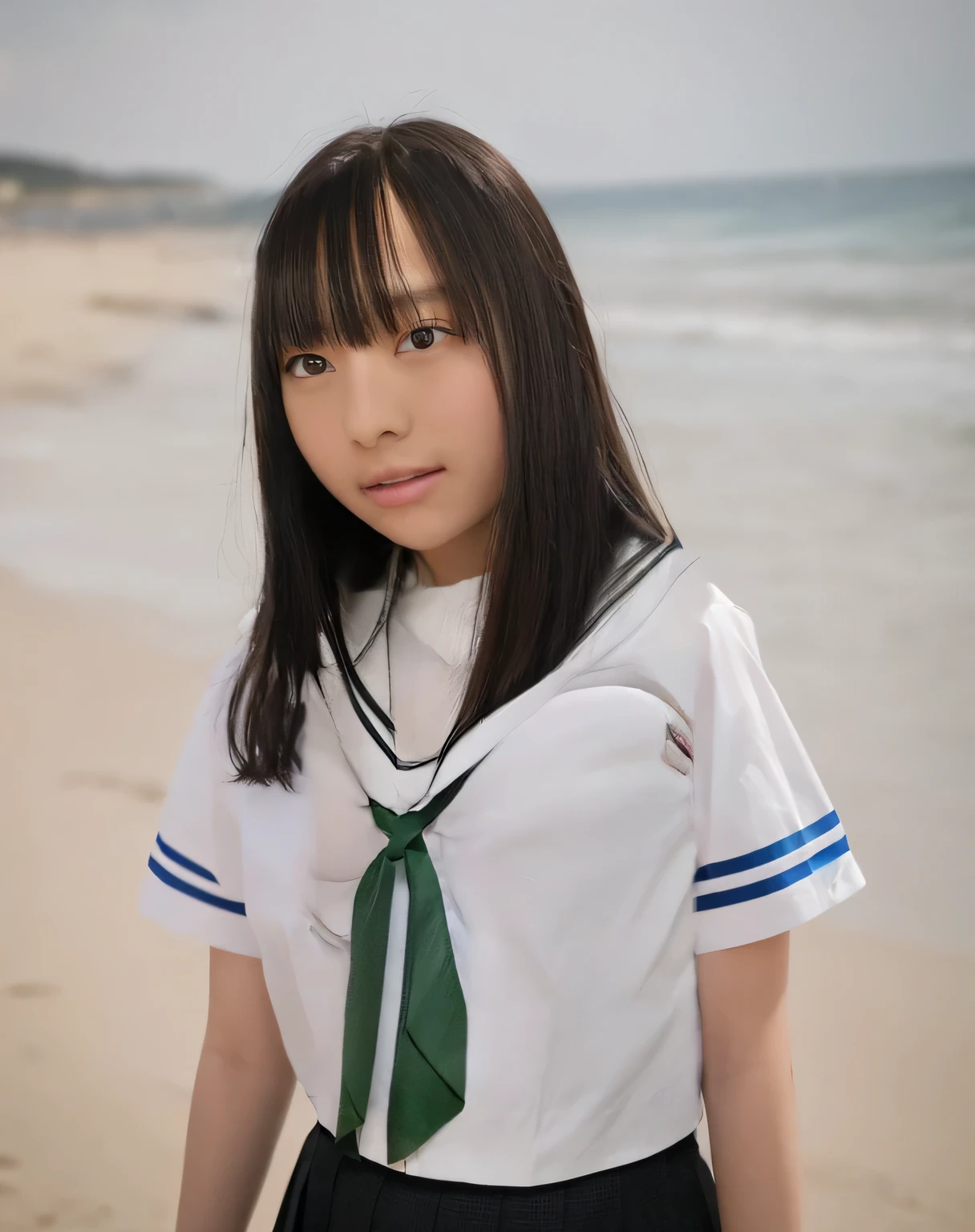 Super detailed,Highest quality,1 high school girl,Wearing a uniform,Pleated skirt,Standing on the sand at the seaside,Illuminated by the summer sun,The waves are coming very close,Posing for a photo,The distant background is blurred