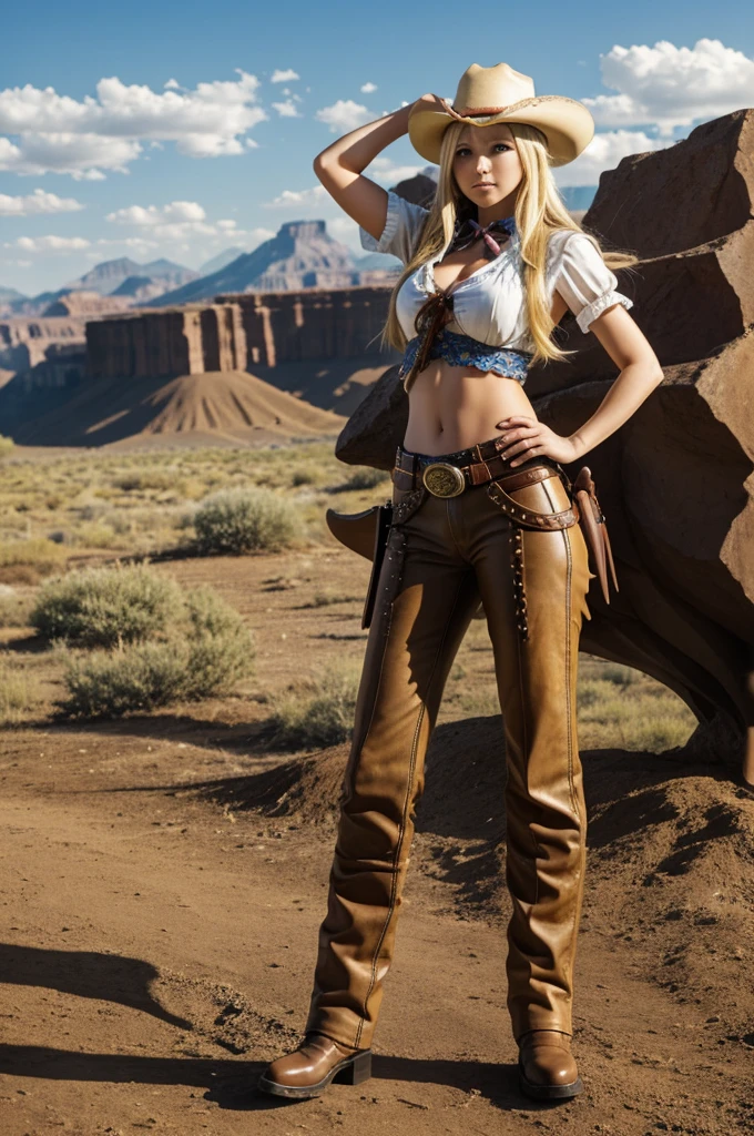 Anime girl, blonde hair, cowgirl with hat, pistols, dragon wings, western, wild west, full body, beautiful eyes, pants