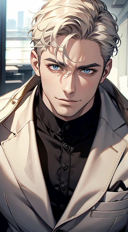 (best quality,4k,8k,highres,masterpiece:1.2),ultra-detailed,(realistic,photorealistic,photo-realistic:1.37),1 man,31 years old,mature man,very handsome,without expression,smile,short white hair,blue eyes,penetrating gaze,perfect face without errors,imposing posture,businessman,office background,cinematic lighting,hdr image