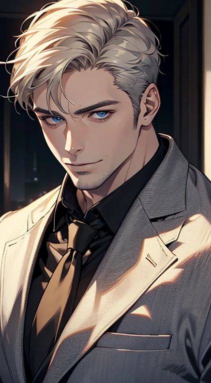 (best quality,4k,8k,highres,masterpiece:1.2),ultra-detailed,(realistic,photorealistic,photo-realistic:1.37),1 man,31 years old,mature man,very handsome,without expression,smile,short white hair,blue eyes,penetrating gaze,perfect face without errors,imposing posture,businessman,office background,cinematic lighting,hdr image