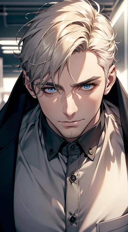 (best quality,4k,8k,highres,masterpiece:1.2),ultra-detailed,(realistic,photorealistic,photo-realistic:1.37),1 man,31 years old,mature man,very handsome,without expression,smile,short white hair,blue eyes,penetrating gaze,perfect face without errors,imposing posture,businessman,office background,cinematic lighting,hdr image