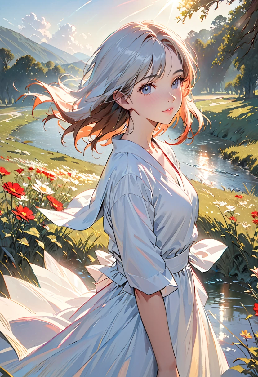 Portrait of a lovely woman in a bright windy field, river, (Backlight), Practical, masterpiece, best quality, lens flare, In the shade, bloom, [[Chromatic Aberration]], author：Jeremy Lipking, author Antonio J. Manzanedo, number, Style-GlassFinal, Natural skin texture