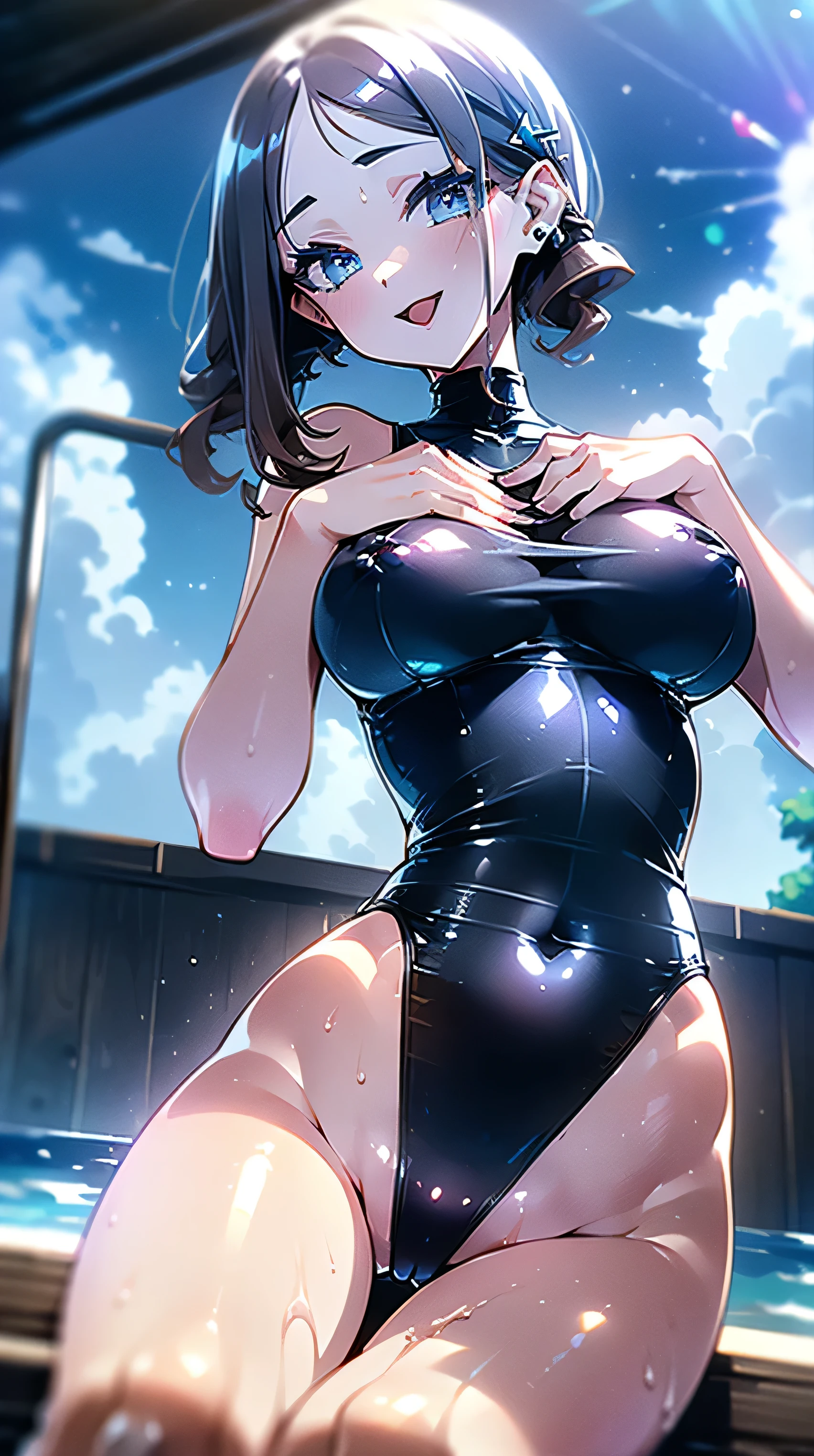 (masterpiece), (HDR), absurdres, (best quality), (ultra high quality), (hi-res), (1girl), (light blue eyes), beautiful detailed eyes, (((dark brown hair))), bangs, short side locks, (((chin length hair))), (((wavy hair))), (((silver star hair pin))), (large breasts), ((perky breasts)), ((deep neckline)), thin swimsuit, torn swimsuit, see-through, black swimsuit, ((thin waist)), (((wide hips))), flat stomach, ((wet)), water, (((hands on own breasts))), touching self, (happy expression), smile, open mouth, tongue out, (looking at viewer), sticking chest out, posing, sitting, legs open wide, day time, city scenery, resort, beach, poolside, one leg up, ((knees apart)), ecchi