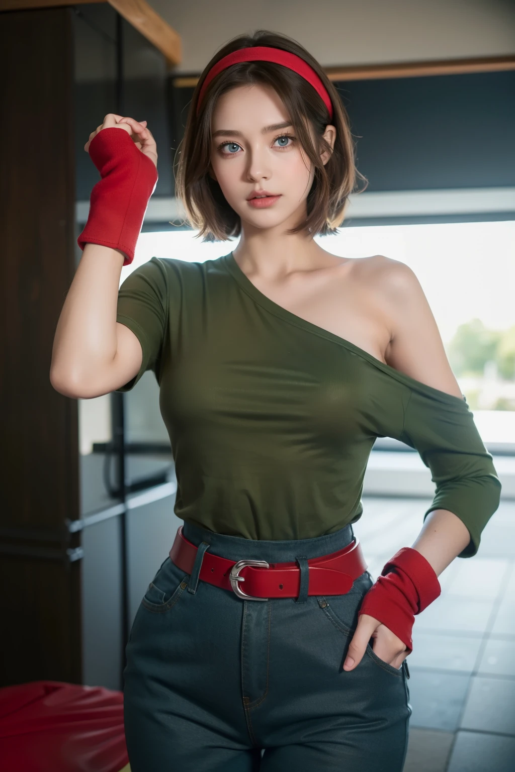 Cute girl, short brown hair, red headband covering the forehead, blue eyes, tight dark blue long-sleeved T-shirt, brown shoulder belt, big breasts, metal hand, brown belt, tight green pants
