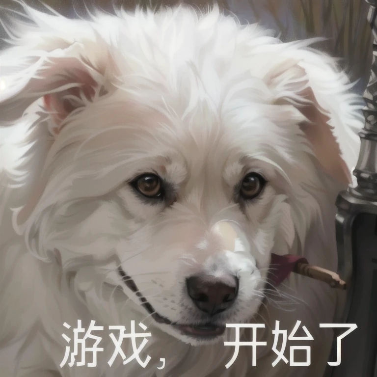 There is a white dog，With a stick in his mouth, Deep background，Wear armor，A serious face