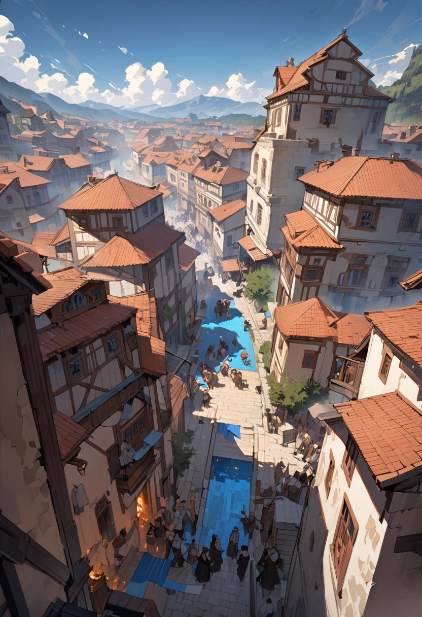 Landscape, top view vista, ancient European-style city in the valley on a grand scale, shorter houses, blue tiles, smoke from cooking, people coming and going in the streets, best quality, a very pitiful and beautiful picture, a masterpiece, cinematically lit, masterly, impasto