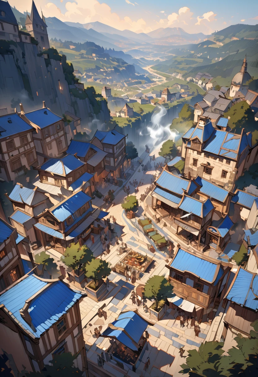 Landscape, top view vista, ancient European-style city in the valley on a grand scale, shorter houses, blue tiles, smoke from cooking, people coming and going in the streets, best quality, a very pitiful and beautiful picture, a masterpiece, cinematically lit, masterly, impasto