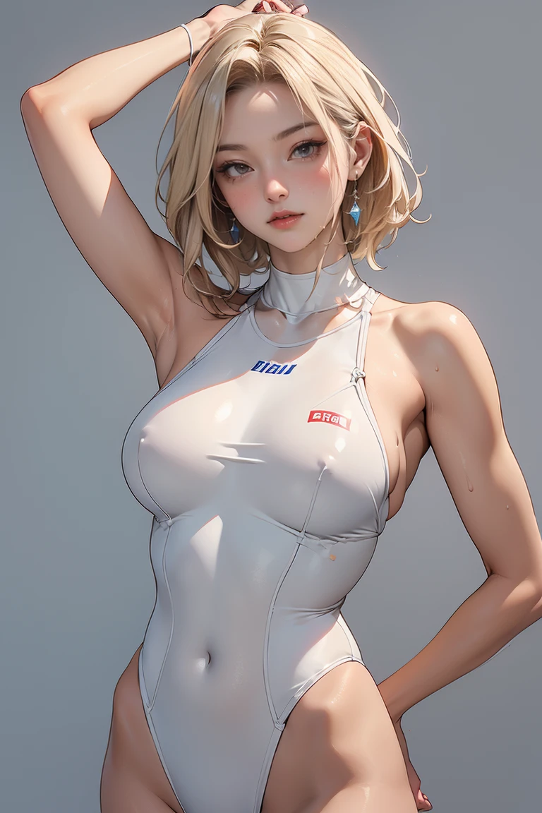 ((masterpiece, Highest quality, High resolution, Highly detailed CG integrated 8K wallpaper)), (Huge and stunning goddess shot, Very hot and sexy, Incredible beauty, Perfect Proportions, Beautiful body, Slim body beauty:1.3), Olympic Games, Swimming Stadium at night, Female athletes preparing under the lights, Wet body, sweating, Glowing Skin, Oiled body, Blonde, Brown Skin, Wearing a swimsuit, The white swimsuit monokini is wet and transparent.Premier ball in right hand．