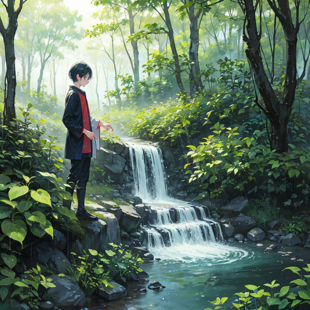 Forest, it's raining, there's a stream、The boy is playing.