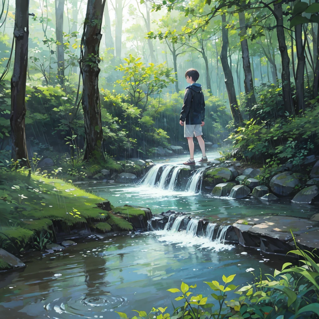 Forest, it's raining, there's a stream、The boy is playing.