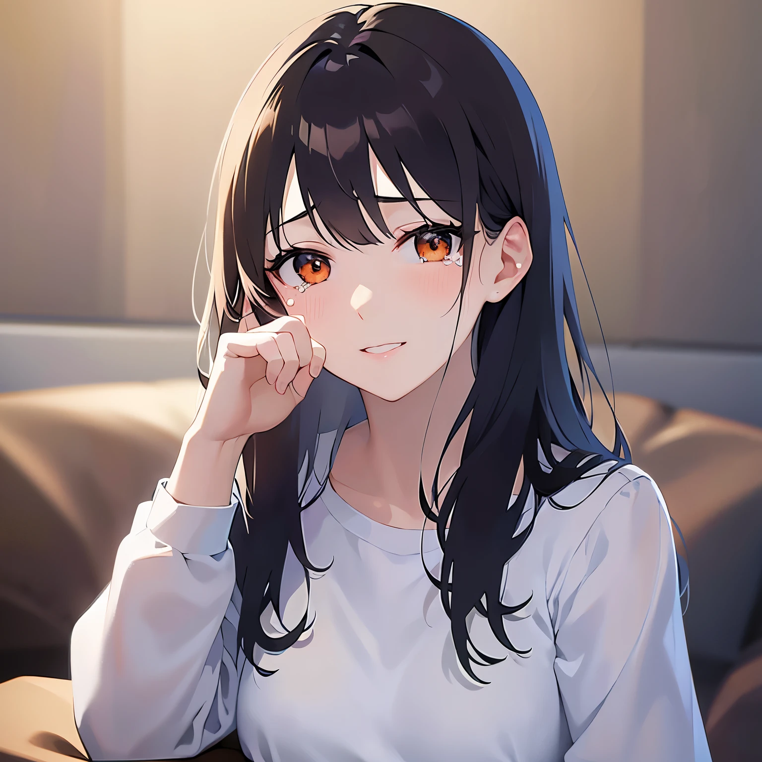 (looking at viewer:1.5),Upper Body,(wiping tears:1.2),
Realistic, real person, (pale skin: 1.2), RAW photo, photorealistic, shiny skin, shiny hair、
(A 25-year-old woman with medium-length hair and bangs) and (wavy hair) and (brown hair) and (orange eyes) 、
(tearful:1.2),smile,Sitting、White long sleeve shirt、The background is the living room at night
