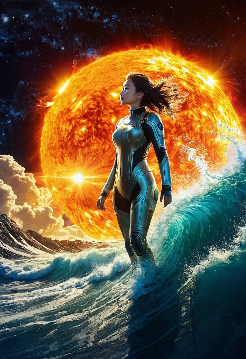 universe space、Above the Sunでサーフィンをするビキニの女性、Big wave of solar flare、Science fiction、Above the Sun、