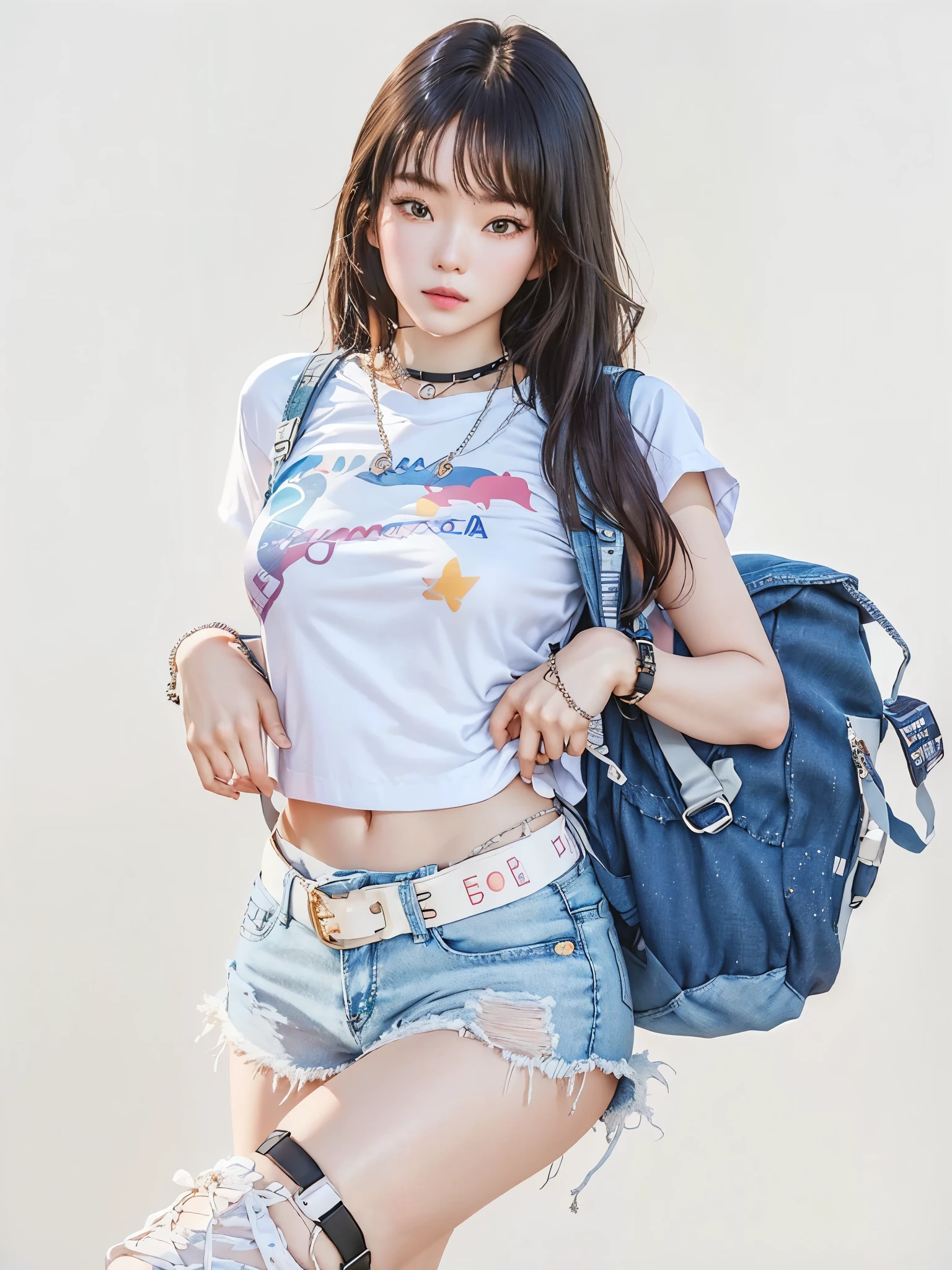 a close-up of a woman with a backpack and a backpack, kawaii shirt and jeans, beautiful dolphin, slim girl model photo, trend on cgstation, with short torn t-shirt, denim shorts, modelo elisajes s de acquamodels, Y2K style, Y2K style, sakimichan