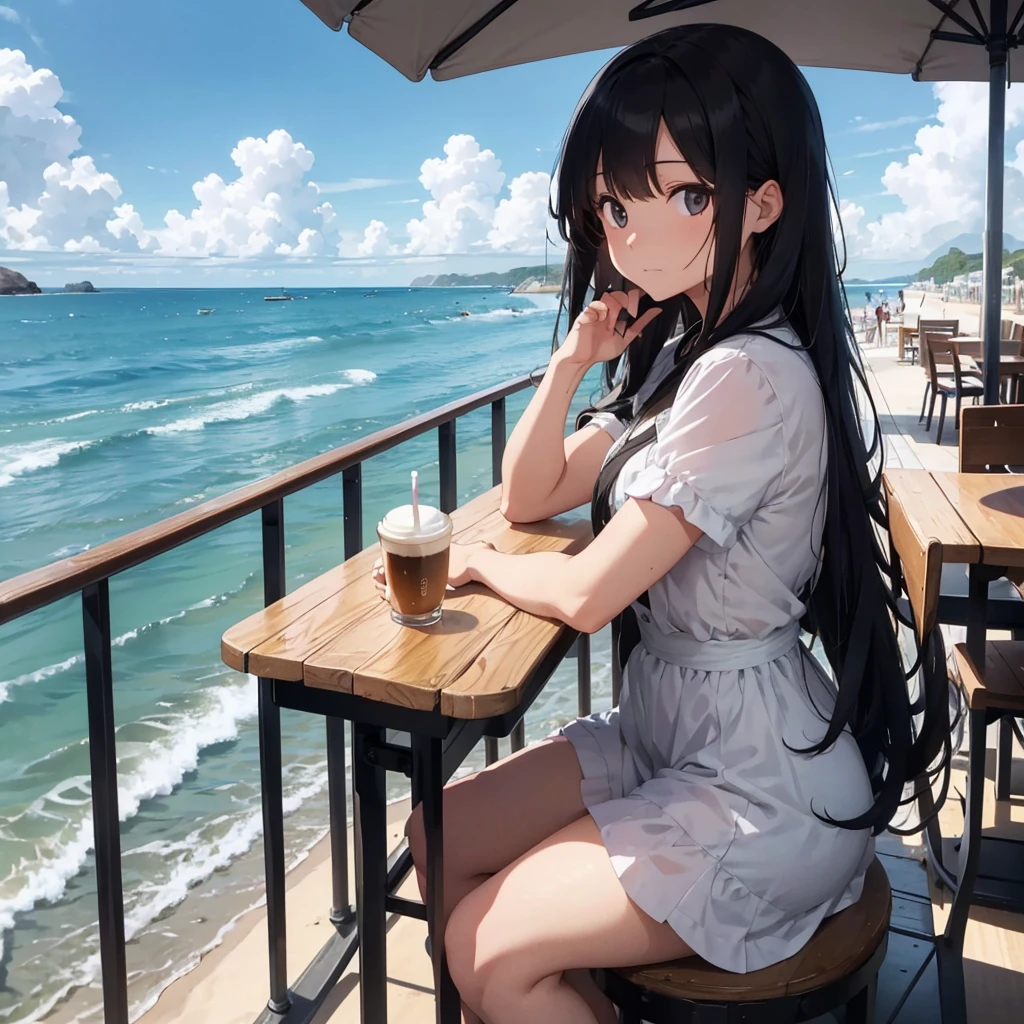 
A long-haired woman with black hair sits at a seaside café, sipping her coffee while gazing thoughtfully at the ocean waves looking at the sea
