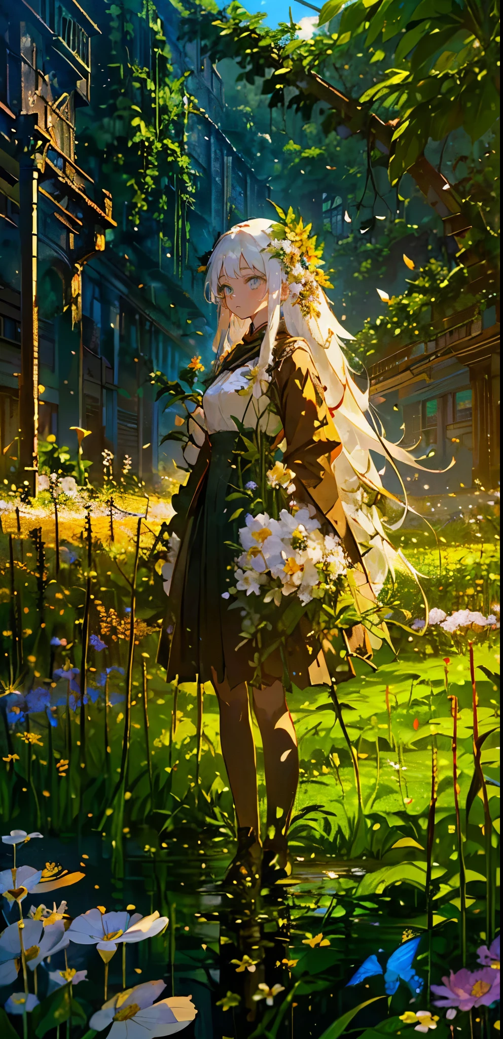 (Mastepiece), (Best Quality), Very detailed, 1 girl, (Solo full body shot:1.4), Perfect Face, beautiful girl, Very detailedな顔，(Long white hair:1.5)，(Green Eyes:1.4)，(Lots of butterflies々:1.2)、(Abandoned City、Plants、Flower Field:1.4)、(Lots of petals:1.3)、Fairy、mysterious、Fantasy、beautiful、beautiful