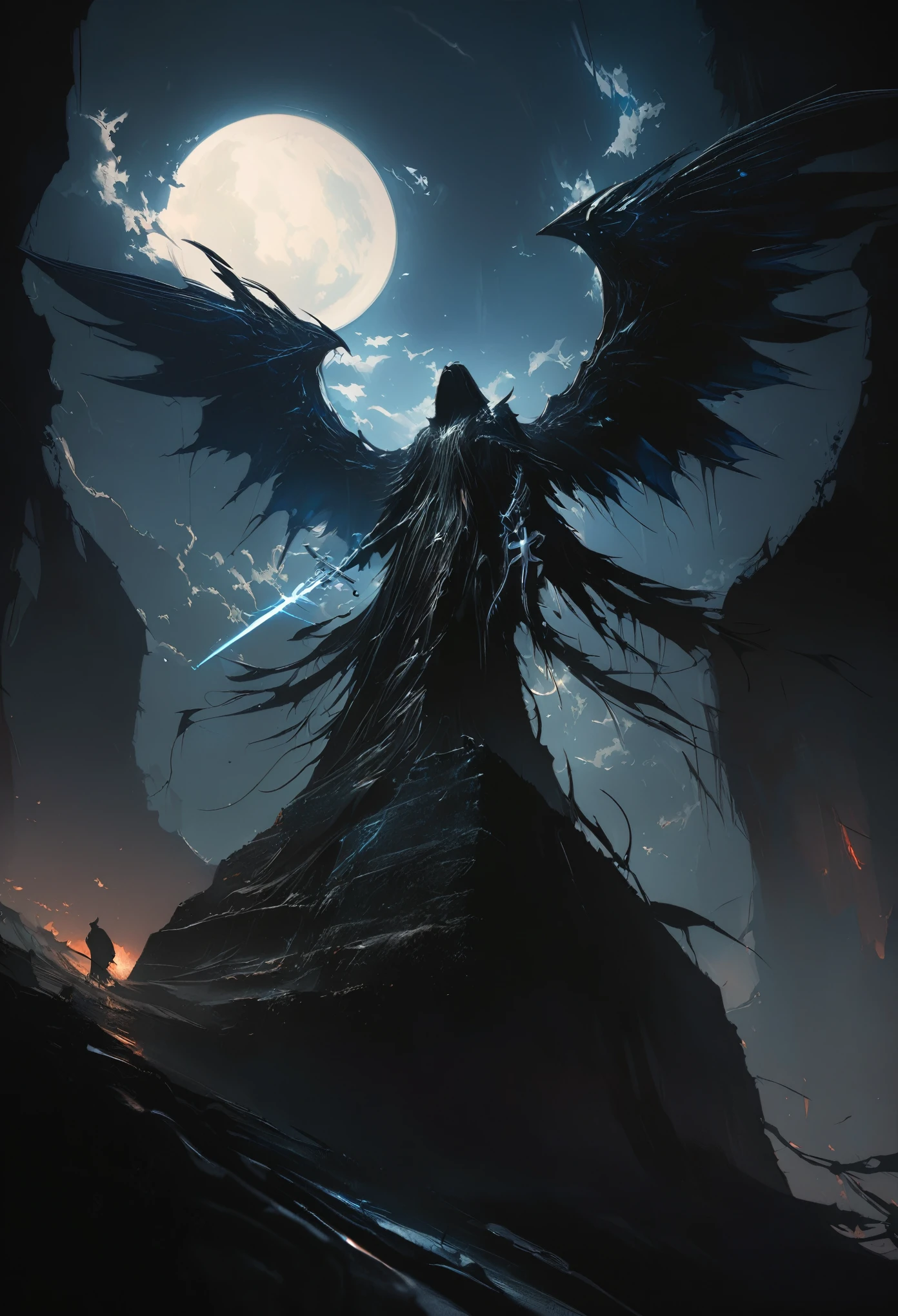 (masterpiece, best quality: 1.2), Underground Angel, Folding wings, Holding a blue silver cross, moonlight, heavily clouded, Dark fantasy illustration style, Dark Arts, High contrast, Dark Shadows, Atmospheric perspective , Melancholic colors, Film composition, Volumetric Lighting, number, Brushstrokes, Dramatic Lighting, Low Angle, Surrealism, Very detailed, Surrealism