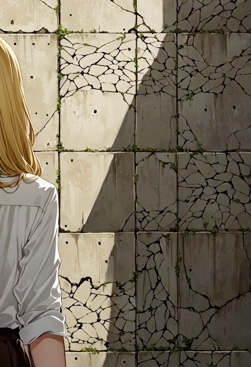 タバコを吸うBlondeの女性、Korean、White shirt、Old concrete wall、Blonde