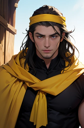 Photo of a dark-haired man looking at the camera、(((Yellow bandana on head))),(((Muscular man)))、(Very detailed CG ユニティ 8k 壁紙,masterpiece, Highest quality, Very detailed),(Best lighting, Best Shadow, Very delicate),good looking ,Roleplaying、Small eyes、Long Hair、Fantasy style clothing、Yellow clothes、Yellow Cape、Black Shirt、Monochrome、Black and White、