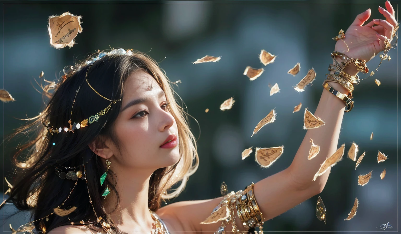 A captivating young woman with long dark hair, adorned with intricate jewelry and sparkling accessories. She gazes thoughtfully into the distance and her expressive eyes sparkle with a hint of mystery. She gracefully raises her arm and scatters fragments of ancient scrolls around her, creating a magical atmosphere. The background is softly blurred to accentuate her ethereal presence, while a warm, glowing light illuminates her face. The overall style is reminiscent of digital fantasy art, with vibrant colors and delicate details, capturing a sense of wonder and enchantment, photography.