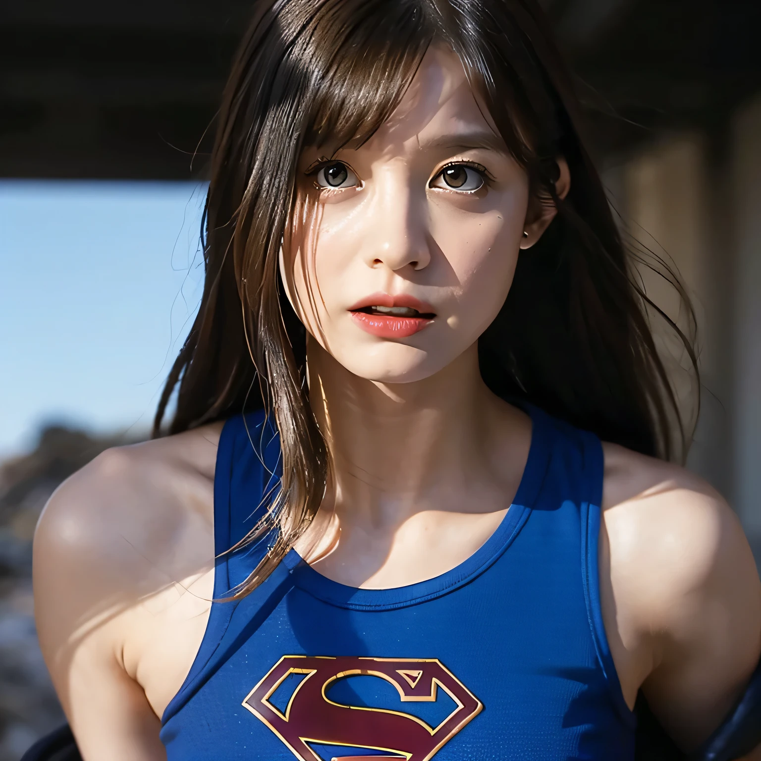 Supergirl, Beautiful Supergirl, 29 years old, Height : 152 CM, Supergirl Trapped in the rubble of a destroyed building, midday, supergirl tanktop costume, hair tied, hair bangs, Supergirl was sweating profusely, Supergirl had wet sweat on her chest, Supergirl had wet sweat on her head, Supergirl is shocked, Supergirl looks up, Supergirl looks scared, Supergirl screamed in pain, supergirl defeated, supergirl tanktop costume is torn, Supergirl is seriously injured, Supergirl cried, supergirl in peril, Supergirl height: 152 CM