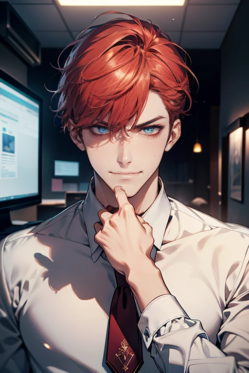 (tmasterpiece, high resolution, ultra - detailed:1.0), (1 male, masculine face), Perfect male body, tall and strong, Adult male, Delicate eyes and delicate face, Extremely detailed CG, Unity 8k wallpaper, Complicated details, Detailed face, ( gray red hair, short hair, serious faces, white shirts,CEO), (frown, smile in love:1.3), office home, desk mansion, color difference, Depth of field, dramatic shadow, Ray tracing, Best quality, Cinematic lighting, offcial art,Portrait