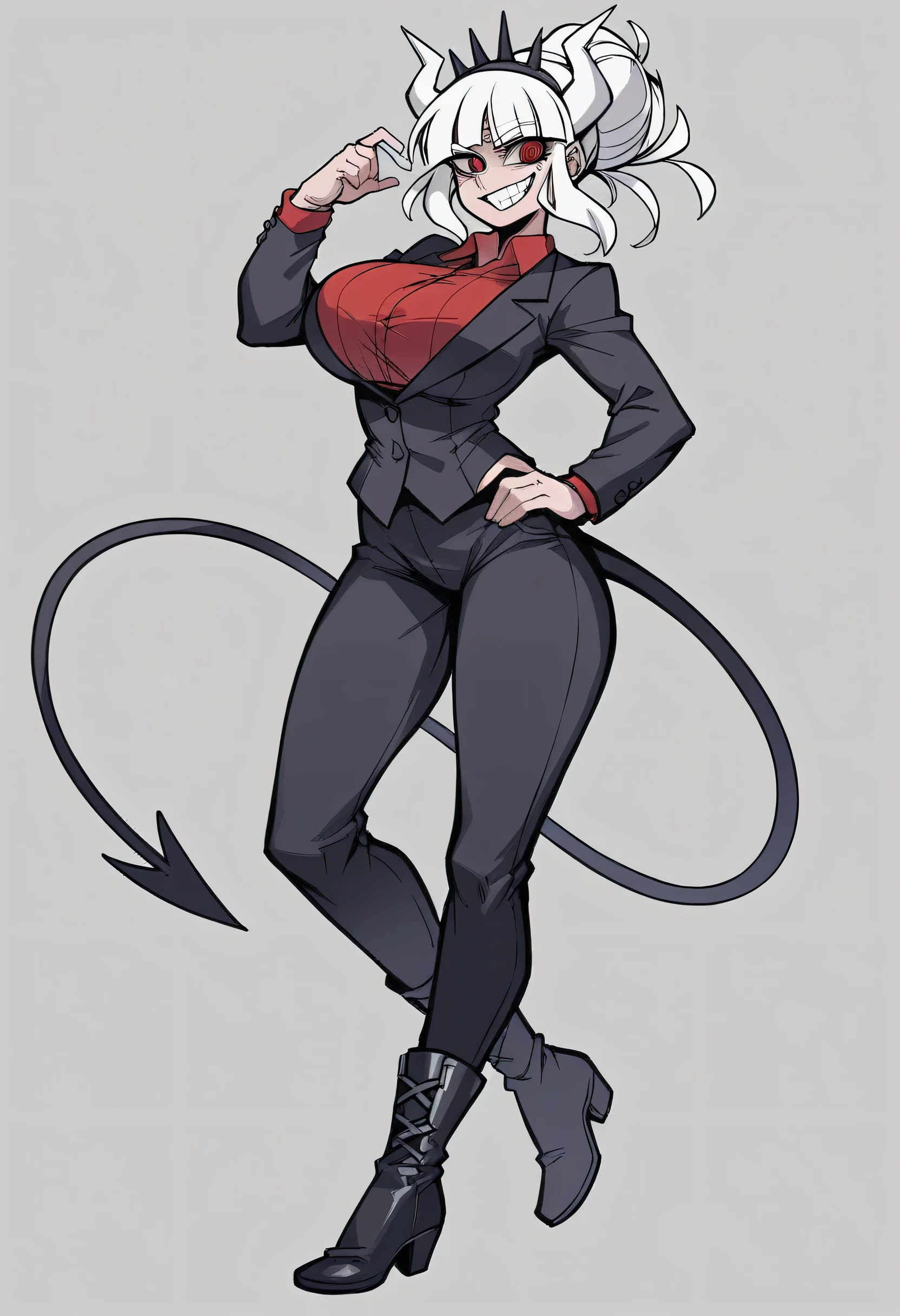 Masterpiece, best quality, Masterpiece, best quality, 1 woman , lucifer (helltaker) , long white hair , red eyes. , sly face , smile , black suit shirt , trousers , big breasts , , abdomen , Put your hands on your hips. , boots , full body