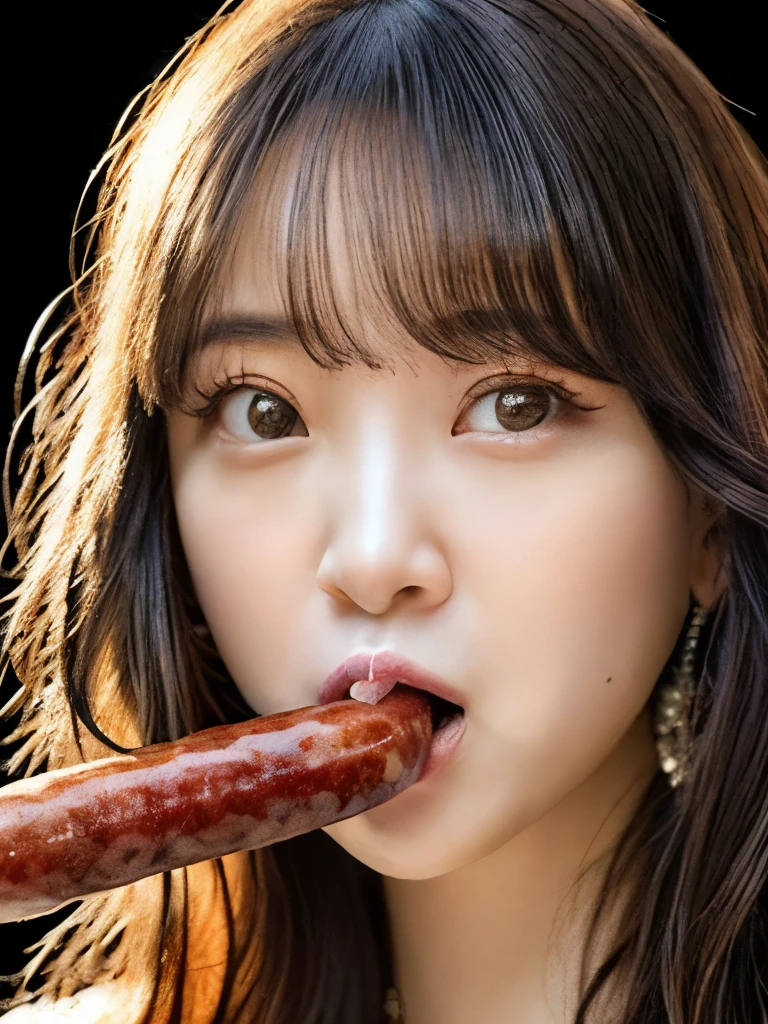 (realistic, photo-realistic:1.4), (best quality, masterpiece:1.2), RAW photo, high resolution, intricate details, extremely detailed, realistic and sharp details, (portrait, face focus), solo, a Japanese woman, Miona Hori, (eating a huge sausage, shovel a long sausage deep into mouth:1.4), (detailed face, beautiful detailed eyes, beautiful pupils, sophisticated nose), pale skin, fine-textured skin, necklace, jewelry, collarbone, wearing some clothes, simple background,