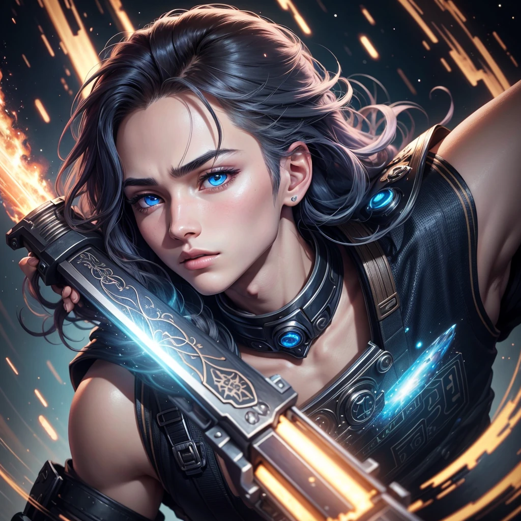 intricate detailed anime style portrait of a young man ,beautiful detailed eyes, beautiful detailed lips, extremely detailed face, long eyelashes, facing upwards, falling from space, space battle scene in background, holding futuristic sword and gun, cinematic dramatic lighting, highly detailed textured skin, blush, blue eyes, closed mouth, depth of field, 8k, best quality, ultra-detailed, photorealistic
