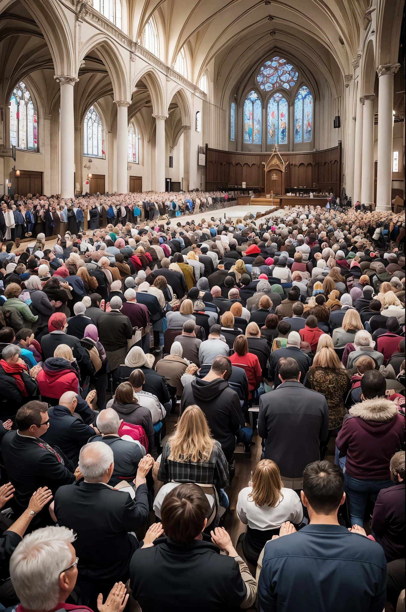 Create images of churches with crowds in prayer