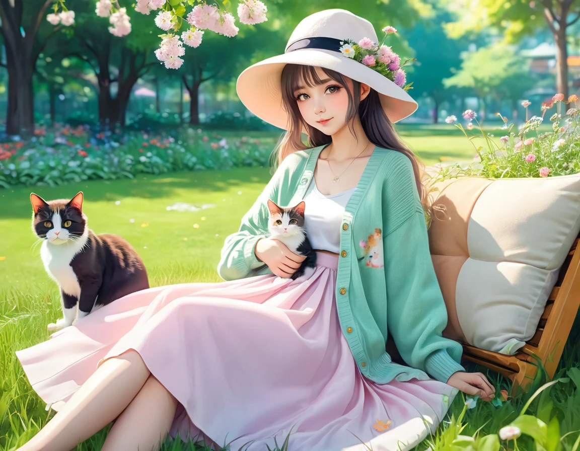 Girl with Cat, anime style, fantasy, soft light, on park grass, sandwich and salad on a leisure seat, long-sleeved pastel cardigan, long skirt and hat with flowers, cat sitting quietly on her leg