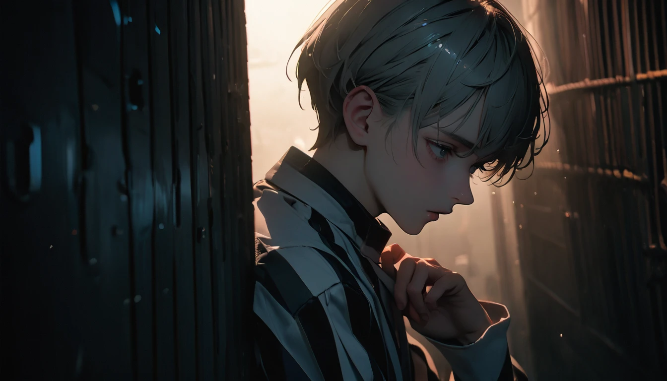 (8k, RAW photos, best quality, masterpiece: 1.4), (((Boy examining himself))),Ultra-high resolution, Extremely detailed, Dim Lights, Full body close-up, handsome boy, black eyes, (delicate eyes, Eyes are bright:1.2), Gray short hair, Fair skin,dark, Black and white striped prison uniform,Black and white striped prison pants,(perfect ???????:1.2), High-quality shadows, Natural Lighting, (White highlights:1.2), night, cloudy day, (Dimly lit cells:1.2), (Metal walls all around:1.2)