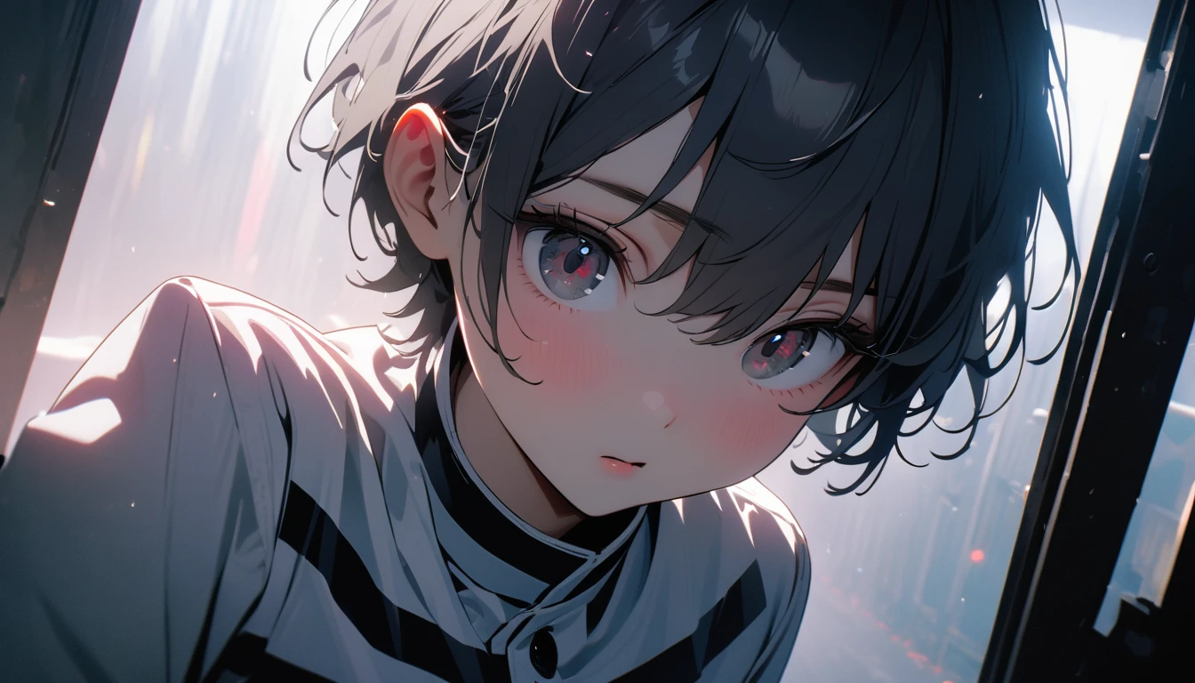 (8k, RAW photos, best quality, masterpiece: 1.4), (((Boy examining himself)))，Ultra-high resolution, Extremely detailed, Dim Lights, Full body close-up, handsome boy, black eyes, (delicate eyes, Eyes are bright:1.2), Gray short hair, Fair skin,dark, Black and white striped prison uniform,Black and white striped prison pants,(perfect anatomy:1.2), High-quality shadows, Natural Lighting, (White highlights:1.2), night, cloudy day, (Dimly lit cells:1.2), (Metal walls all around:1.2)