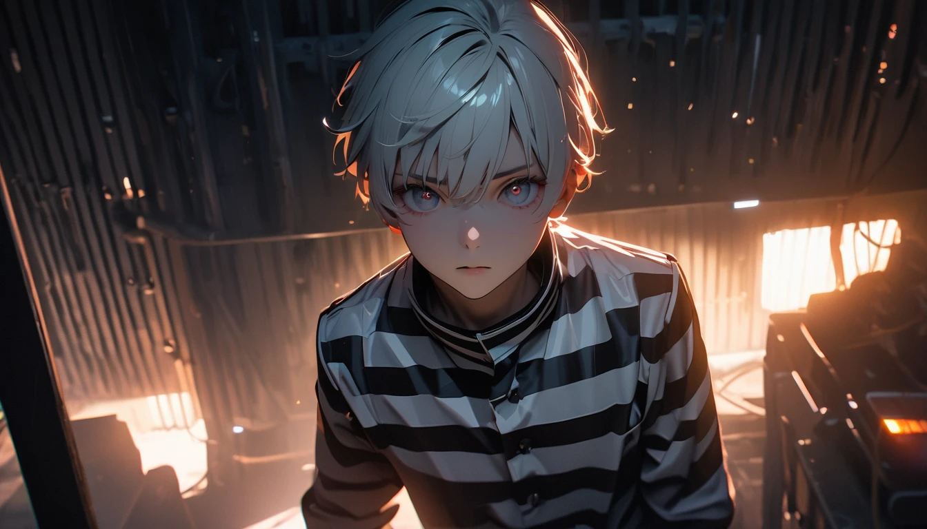 (8k, RAW photos, best quality, masterpiece: 1.4), (((Boy examining himself))),Ultra-high resolution, Extremely detailed, Dim Lights, Full body close-up, handsome boy, black eyes, (delicate eyes, Eyes are bright:1.2), Gray short hair, Fair skin,dark, Black and white striped prison uniform,Black and white striped prison pants,(perfect anatomy:1.2), High-quality shadows, Natural Lighting, (White highlights:1.2), night, cloudy day, (Dimly lit cells:1.2), (Metal walls all around:1.2)