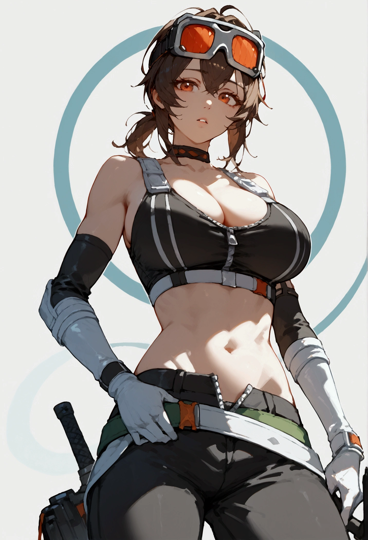 score_9, score_8_up, score_7_up, score_9, BREAK, 1girl,big breasts, solo, score_9, score_8, score_8_up, gracehd-ponyxl, 1girl, black choker, black gloves, white gloves, black pants, black sports bra, elbow gloves, goggles on head, looking at viewer, low ponytail, parted lips, white gloves, zipper, belt